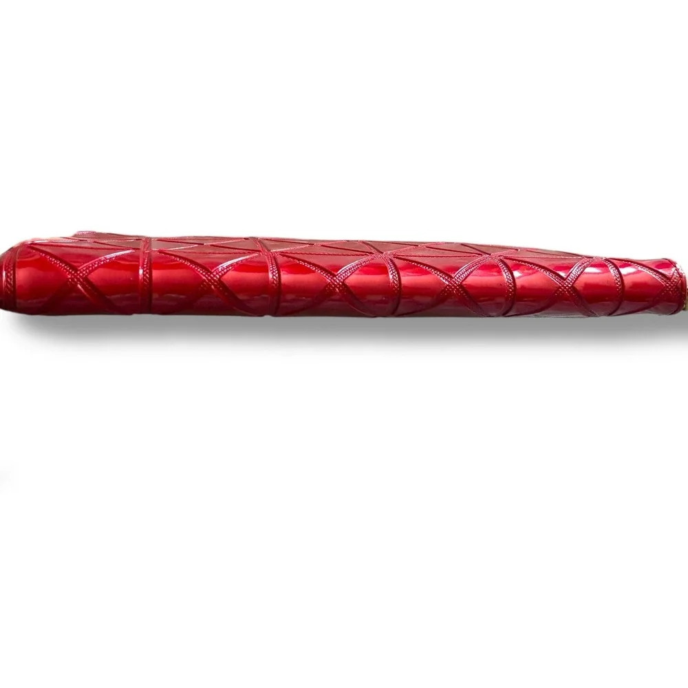 Red Patent Geometric Quilted Zip Around Wallet with Gold‎ Chain Trim Detail